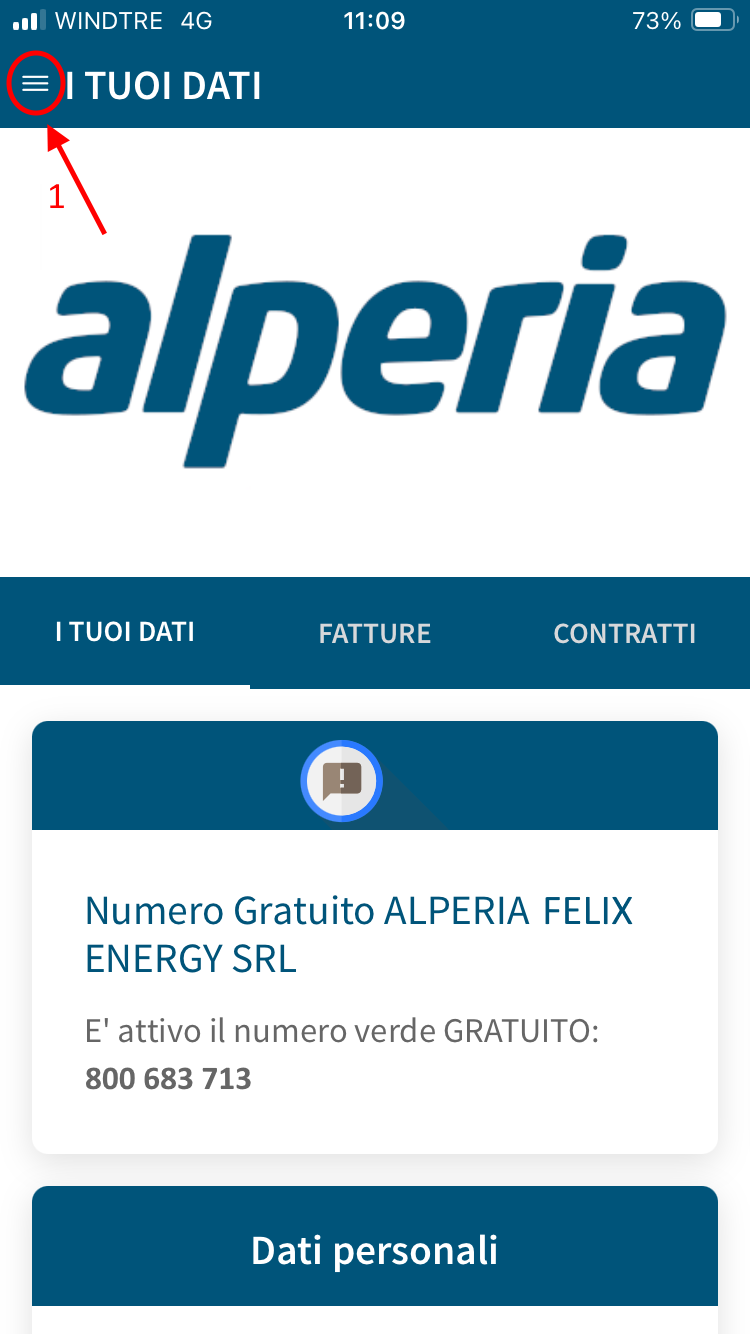 Inserimento autolettura da APP, apri il menu a scomparsa