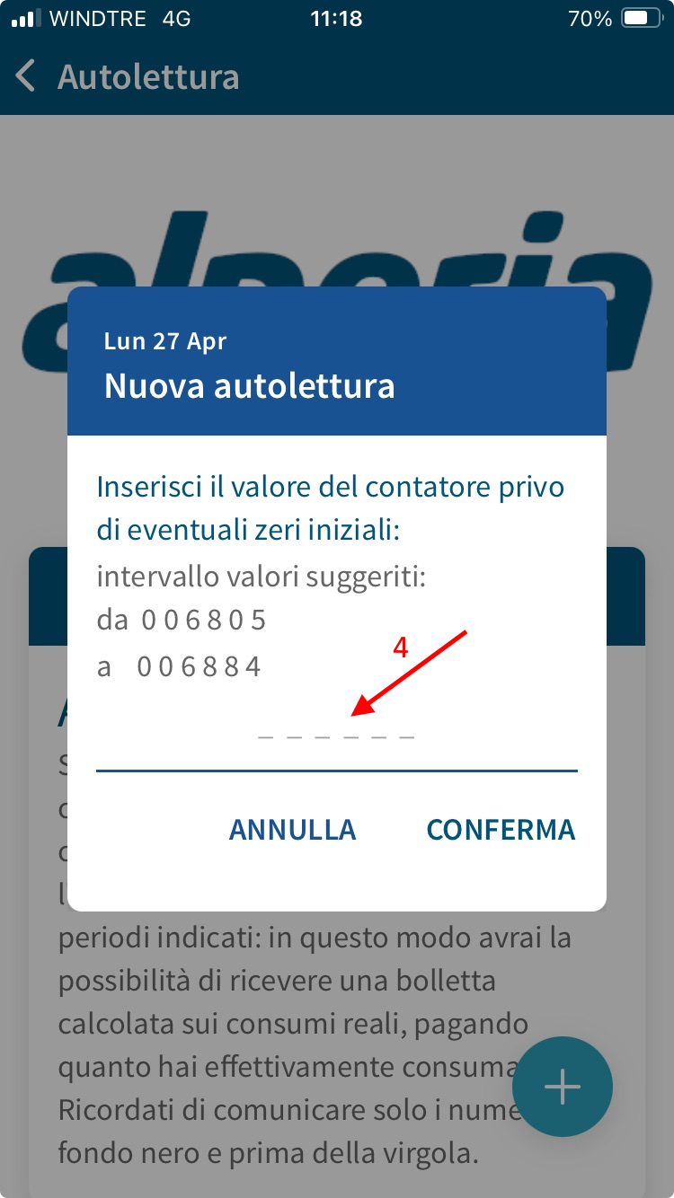 Inserimento autolettura da APP, inserisci e conferma lettura